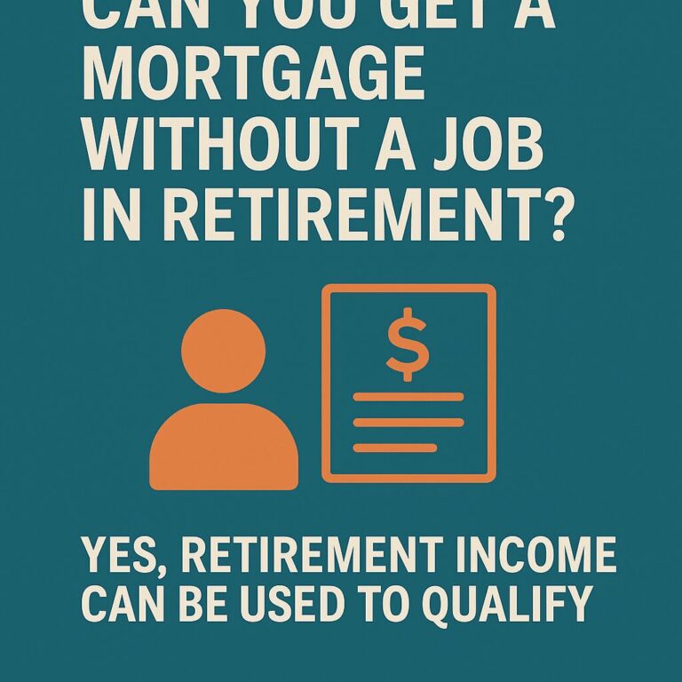 Professional infographic with a teal background and bold cream text stating: 'Can You Get a Mortgage Without a Job in Retirement?' Below, orange icons represent a person and financial document. The lower section reads: 'Yes, Retirement Income Can Be Used to Qualify,' highlighting mortgage options for retirees.