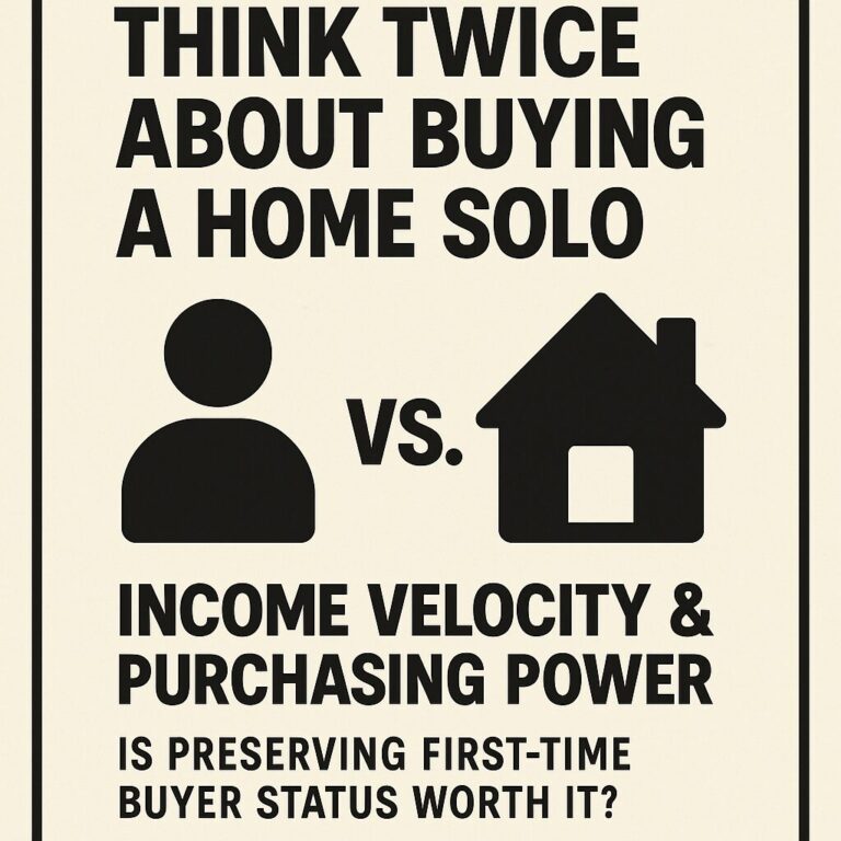Minimalist infographic with bold black text on a cream background. It reads: 'THINK TWICE ABOUT BUYING A HOME SOLO' at the top, followed by icons of a person and a house with 'VS.' between them. Below that, it says 'INCOME VELOCITY & PURCHASING POWER' and ends with 'IS PRESERVING FIRST-TIME BUYER STATUS WORTH IT?' The design is framed by a black border
