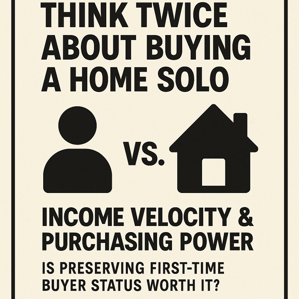 Minimalist infographic with bold black text on a cream background. It reads: 'THINK TWICE ABOUT BUYING A HOME SOLO' at the top, followed by icons of a person and a house with 'VS.' between them. Below that, it says 'INCOME VELOCITY & PURCHASING POWER' and ends with 'IS PRESERVING FIRST-TIME BUYER STATUS WORTH IT?' The design is framed by a black border