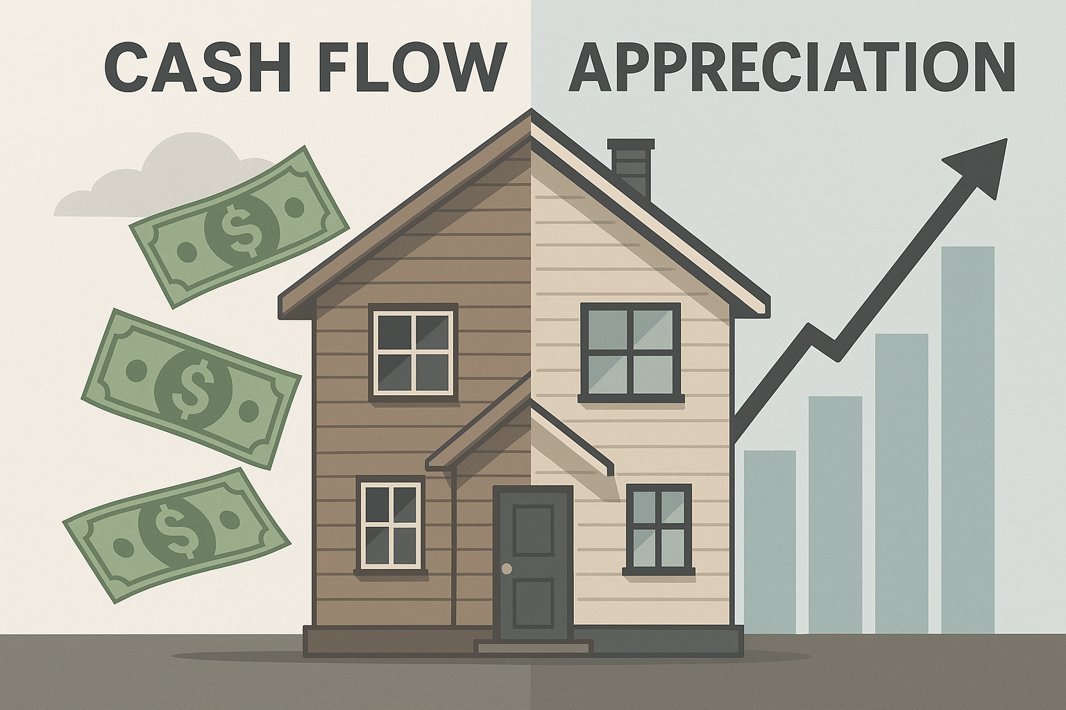 ustration of a house split into two halves—one side showing dollar bills representing cash flow and the other side showing an upward graph arrow representing property appreciation.