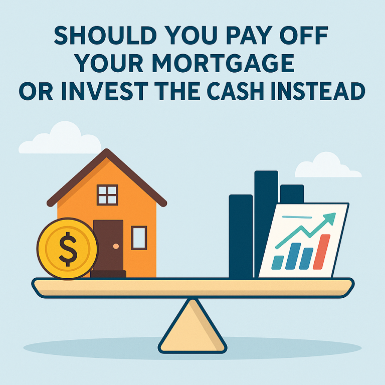 Illustration of a house with a dollar sign on one side and a stack of investment charts on the other, representing the choice between paying off a mortgage and investing