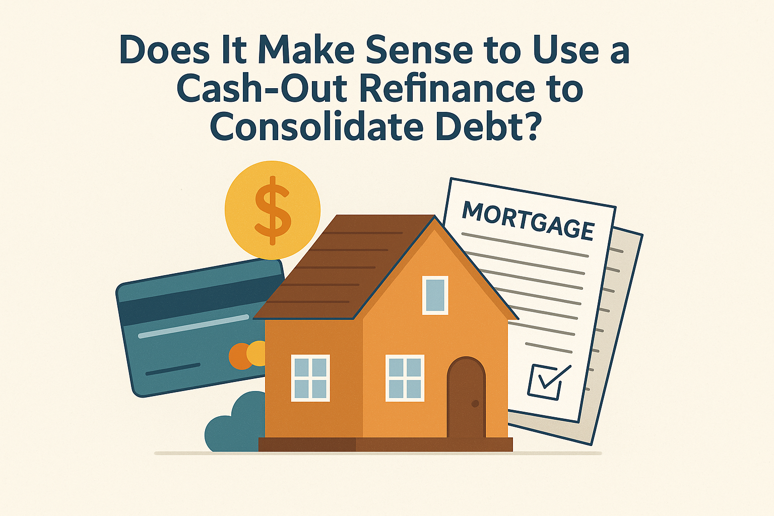Illustration of a house with a credit card and mortgage paperwork, representing cash-out refinance to consolidate debt.