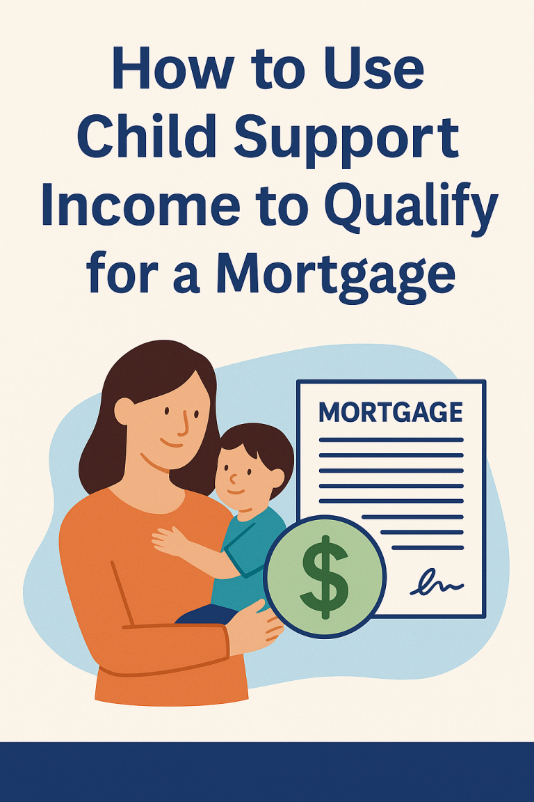 Illustration of a parent holding a child and mortgage documents, symbolizing using child support income to qualify for a mortgage.
