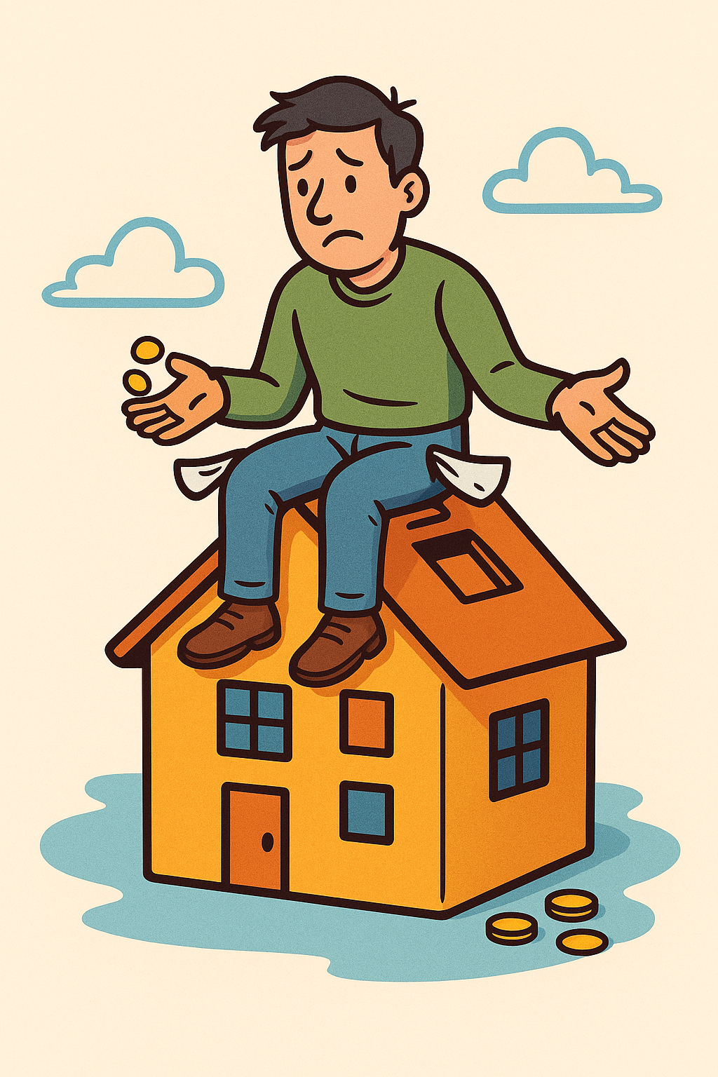 Cartoon-style illustration of a homeowner sitting on a large house-shaped piggy bank with empty pockets, representing being house-rich but cash-poor.