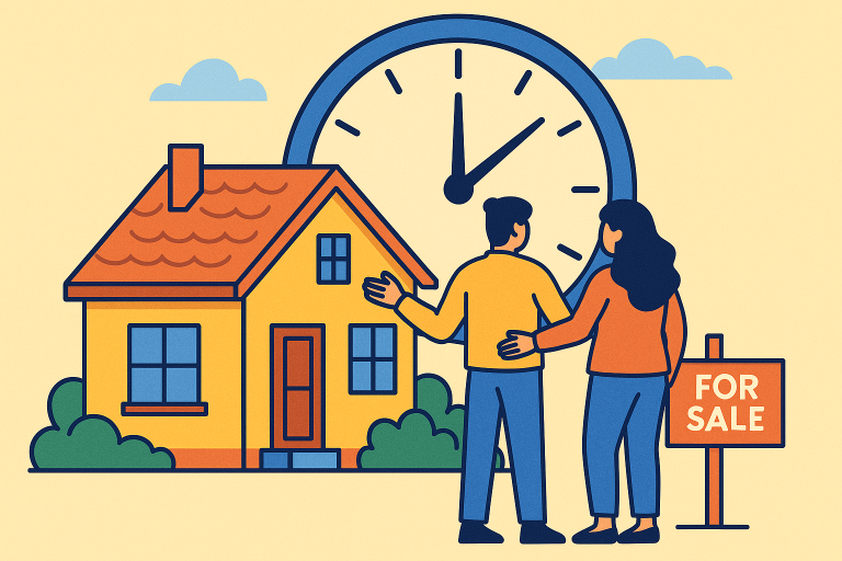 Cartoon-style illustration of a couple standing in front of a yellow house with a large clock behind them and a “For Sale” sign, symbolizing the timing of buying a home in the real estate market.