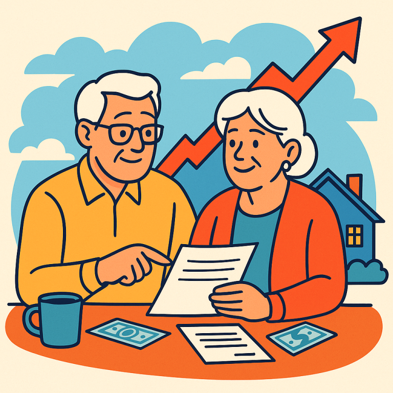 Illustration of an elderly couple reviewing financial papers at their kitchen table with a house and upward red arrow in the background, symbolizing using a reverse mortgage to access home e