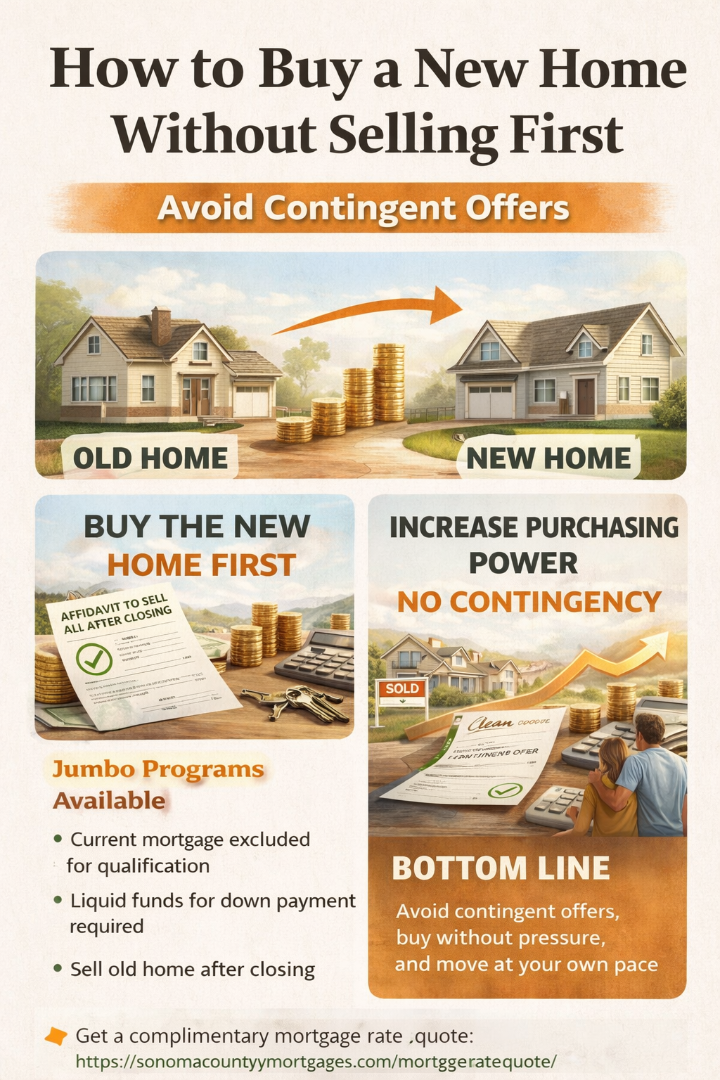 Infographic showing how to buy a new home without selling first, avoid contingent offers, and increase purchasing power using jumbo mortgage strategies