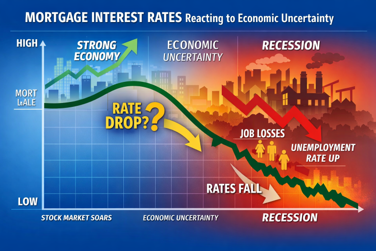 Mortgage interest rate chart showing rates briefly dip on policy news, then fall further during recession, job losses, and rising unemploymen
