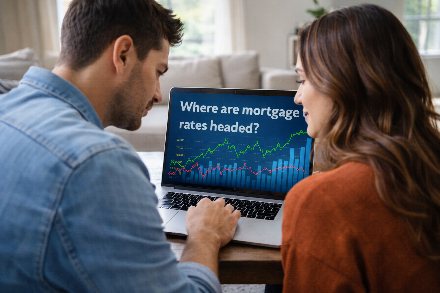 Couple researching current mortgage rate outlook on laptop with market charts