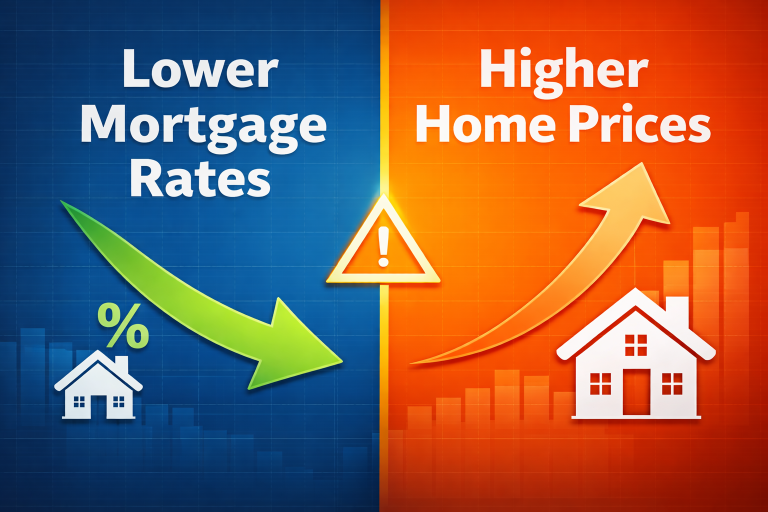 Infographic showing lower mortgage rates on the left with a downward arrow and higher home prices on the right with an upward arrow, highlighting how falling rates can push housing prices higher.
