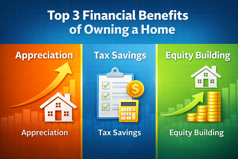 Infographic showing three key financial benefits of homeownership: “Appreciation” with an upward orange arrow and house icon, “Tax Savings” with a checklist, dollar sign, and calculator, and “Equity Building” with stacked gold coins and a rising green arrow beneath a house symbol—all presented in colorful side-by-side panels.